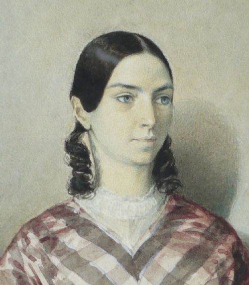 A watercolour portrait depicting a young woman in a checkered dress seated in a room beside a table covered with a teal cloth. View III