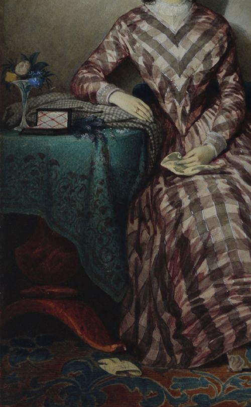 A watercolour portrait depicting a young woman in a checkered dress seated in a room beside a table covered with a teal cloth. View IX
