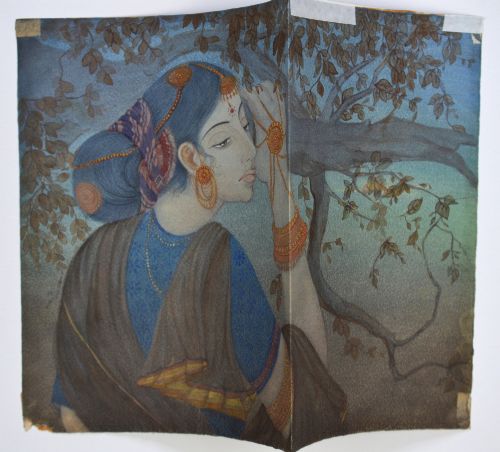 fig 1. An Indian watercolour painting depicting a woman in profile adorned with traditional gold jewellery against a backdrop of leafy branches.