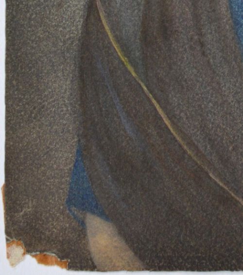 An Indian watercolour painting depicting a woman in profile adorned with traditional gold jewellery against a backdrop of leafy branches. View V