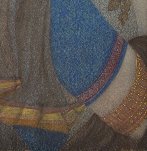 An Indian watercolour painting depicting a woman in profile adorned with traditional gold jewellery against a backdrop of leafy branches. View VI