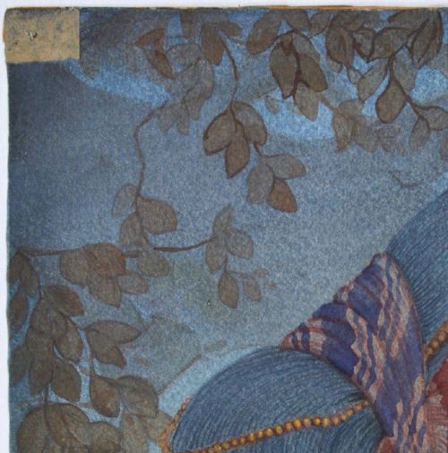 An Indian watercolour painting depicting a woman in profile adorned with traditional gold jewellery against a backdrop of leafy branches. View VII