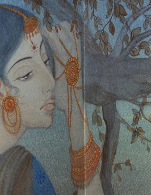 An Indian watercolour painting depicting a woman in profile adorned with traditional gold jewellery against a backdrop of leafy branches. View X