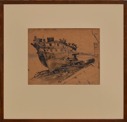 Drawing Signed and Dated 1921 - Men Working on a Hulk of an Old Ship