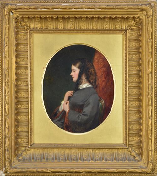 fig 1. An oval Victorian oil painting depicting a woman in side profile wearing a black lace veil and dark attire, set within a gold frame.