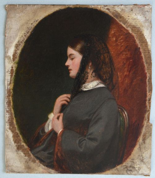 fig 2. An oval Victorian oil painting depicting a woman in side profile wearing a black lace veil and dark attire, set within a gold frame.