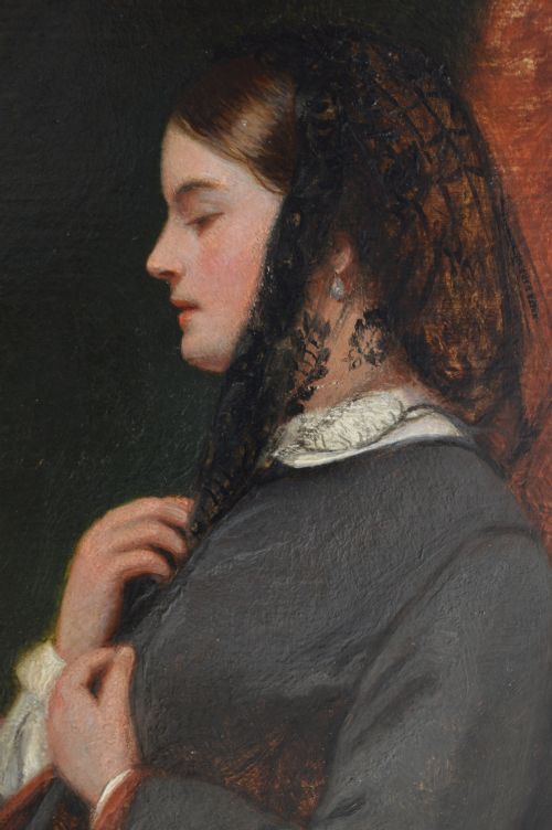 An oval Victorian oil painting depicting a woman in side profile wearing a black lace veil and dark attire, set within a gold frame. View VII