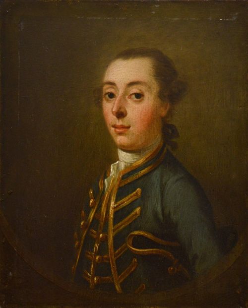 fig 1. An 18th-century oil portrait depicting a gentleman in a blue military coat trimmed with gold braid, presented in a wide gilt frame.