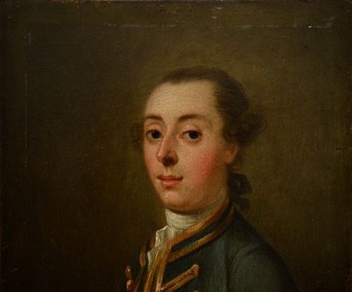 fig 2. An 18th-century oil portrait depicting a gentleman in a blue military coat trimmed with gold braid, presented in a wide gilt frame.