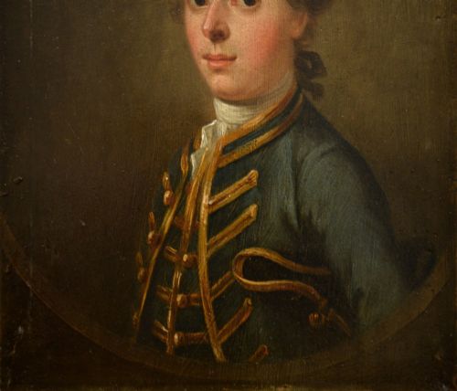 fig 3. An 18th-century oil portrait depicting a gentleman in a blue military coat trimmed with gold braid, presented in a wide gilt frame.