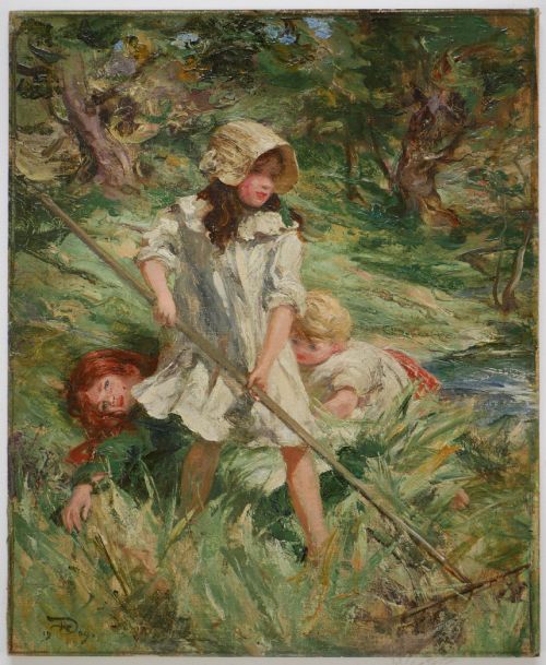 fig 1. An Edwardian oil painting on board depicting three children in a green field, presented inside a moulded gold gilt frame.