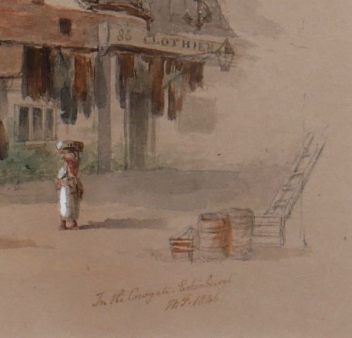 fig 2. An 1846 watercolour painting depicting a historic Edinburgh street scene with stone buildings, a horse-drawn cart, and figures.