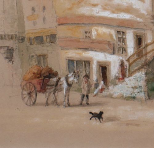 An 1846 watercolour painting depicting a historic Edinburgh street scene with stone buildings, a horse-drawn cart, and figures. View V