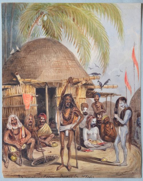 fig 1. A nineteenth-century watercolour painting depicting a group of Indian ascetics gathered outside a thatched hut beneath palm fronds.