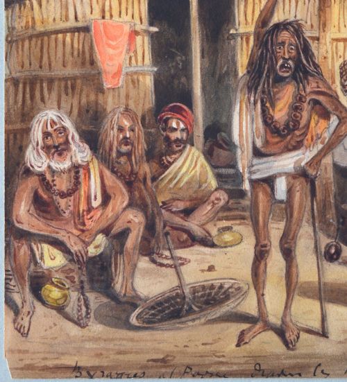 fig 2. A nineteenth-century watercolour painting depicting a group of Indian ascetics gathered outside a thatched hut beneath palm fronds.