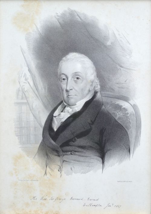 fig 2. A 19th-century monochrome portrait lithograph of a gentleman in a dark coat, presented inside a moulded gilt wood frame with an inscribed metal plaque.
