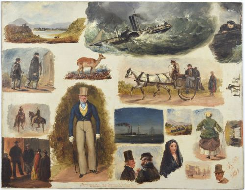 fig 1. Framed mid-nineteenth-century oil painting on panel featuring multiple vignette sketches depicting figures, steamships, and landscapes from a journey to Ireland, signed and dated 1851.