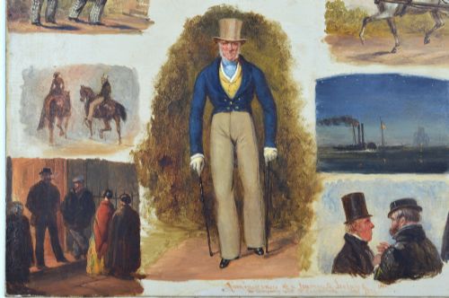 fig 2. Framed mid-nineteenth-century oil painting on panel featuring multiple vignette sketches depicting figures, steamships, and landscapes from a journey to Ireland, signed and dated 1851.