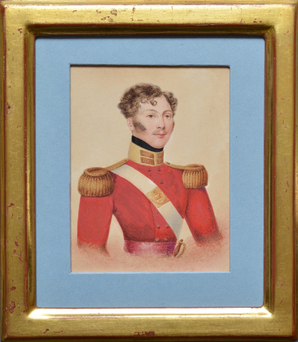 A 19th-century watercolour portrait of a British army officer in a red tunic with gold epaulettes, enclosed in a blue mount and giltwood frame.