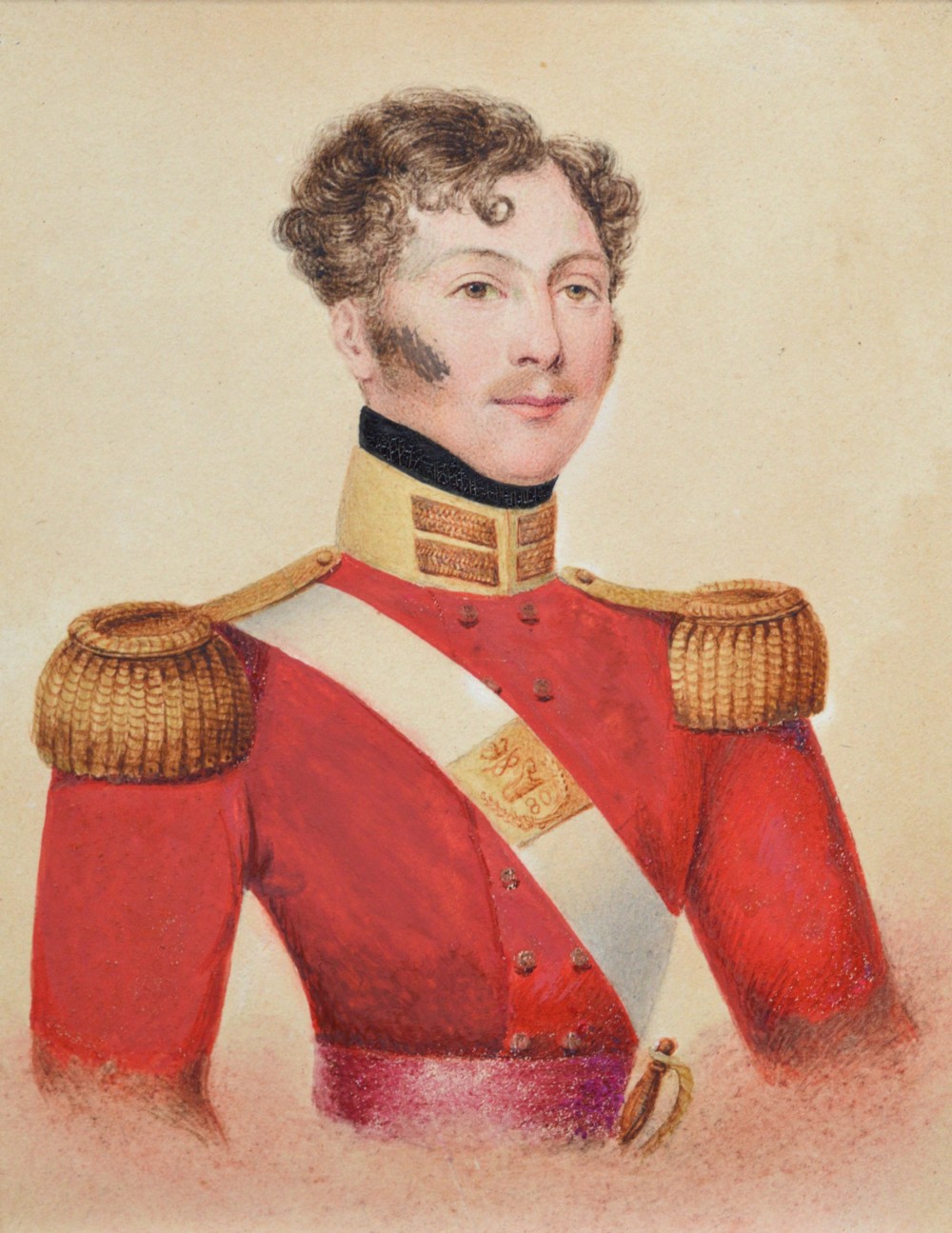 A 19th-century watercolour portrait of a British army officer in a red tunic with gold epaulettes, enclosed in a blue mount and giltwood frame. View II