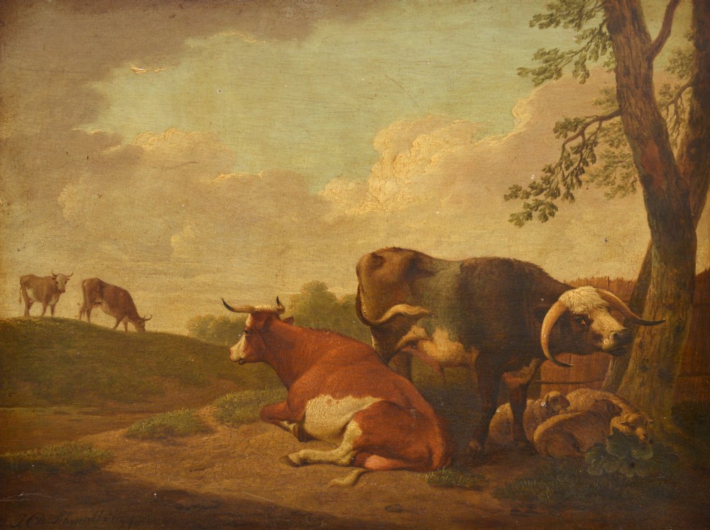 An eighteenth-century oil painting depicting resting cattle and sheep in a rural landscape under a cloudy sky.