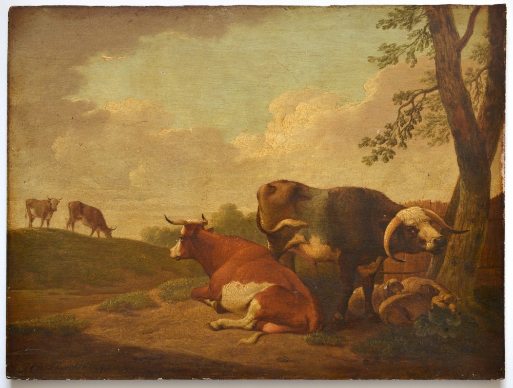 An eighteenth-century oil painting depicting resting cattle and sheep in a rural landscape under a cloudy sky. View II