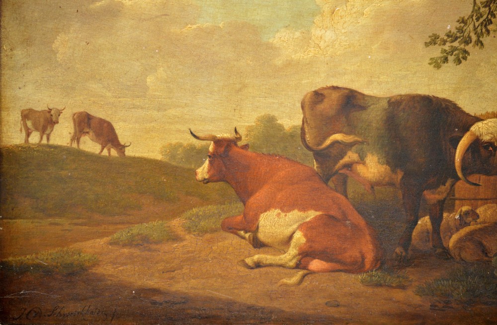 An eighteenth-century oil painting depicting resting cattle and sheep in a rural landscape under a cloudy sky. View III