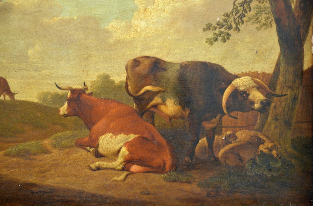 An eighteenth-century oil painting depicting resting cattle and sheep in a rural landscape under a cloudy sky. View IV