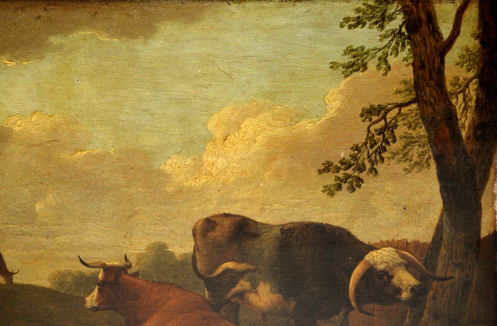 An eighteenth-century oil painting depicting resting cattle and sheep in a rural landscape under a cloudy sky. View V