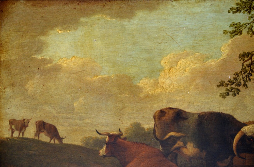 An eighteenth-century oil painting depicting resting cattle and sheep in a rural landscape under a cloudy sky. View VI