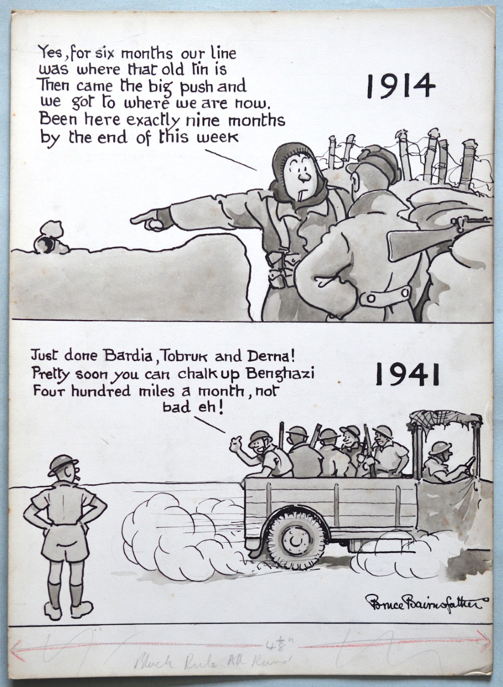 An original monochrome pen and ink satirical cartoon drawing by Bruce Bairnsfather depicting a contrast between military life in 1914 and 1941.