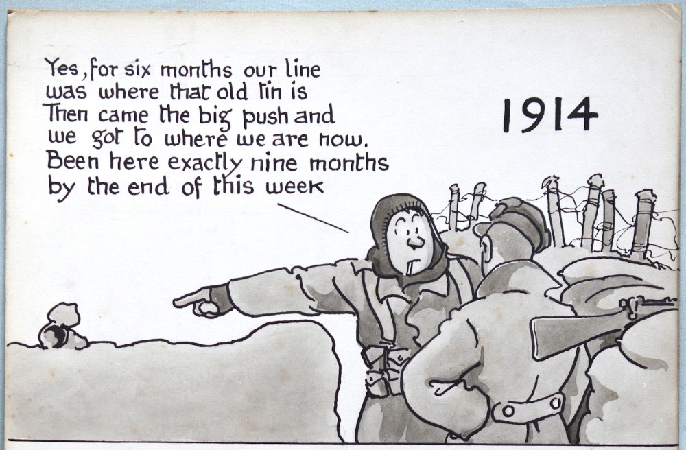 An original monochrome pen and ink satirical cartoon drawing by Bruce Bairnsfather depicting a contrast between military life in 1914 and 1941. View II