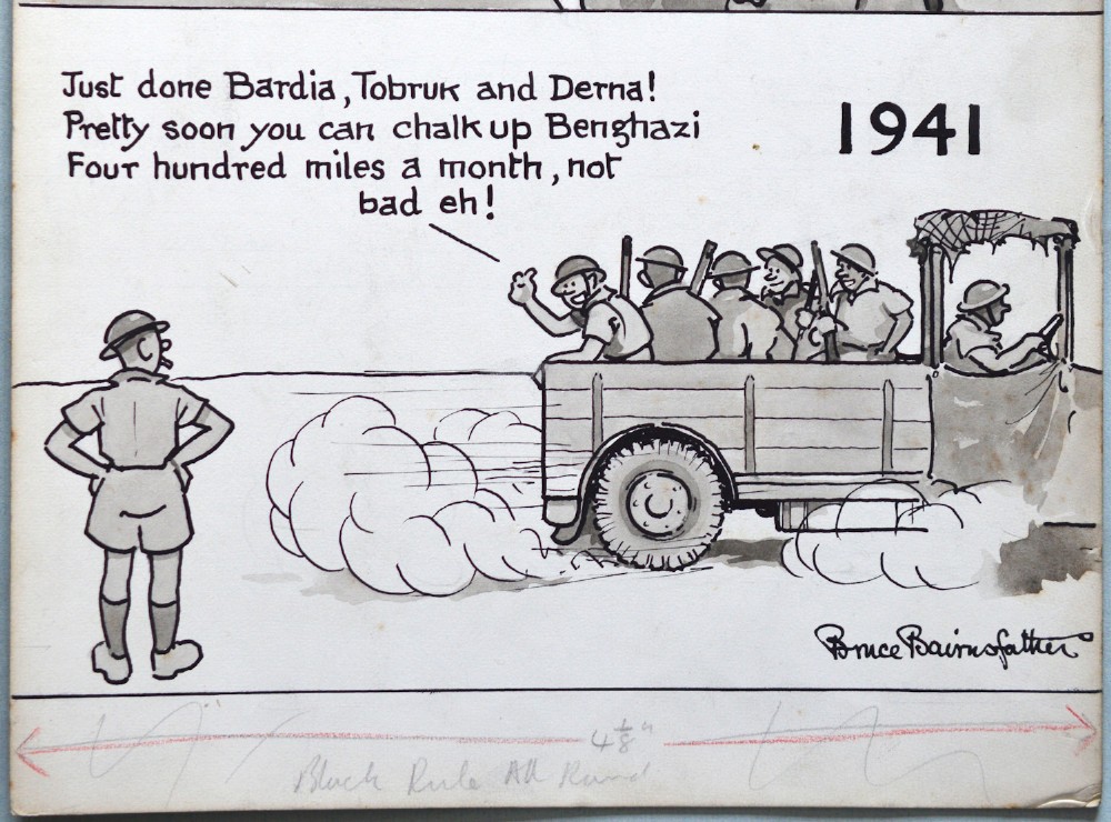 An original monochrome pen and ink satirical cartoon drawing by Bruce Bairnsfather depicting a contrast between military life in 1914 and 1941. View III