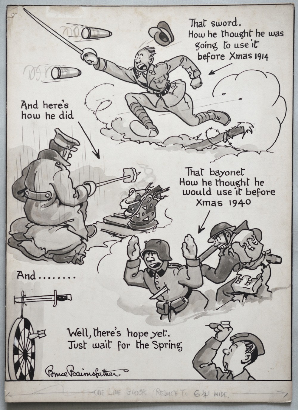 An original pen, ink, and wash cartoon drawing by Bruce Bairnsfather featuring military figures in satirical comic panels with handwritten captions.