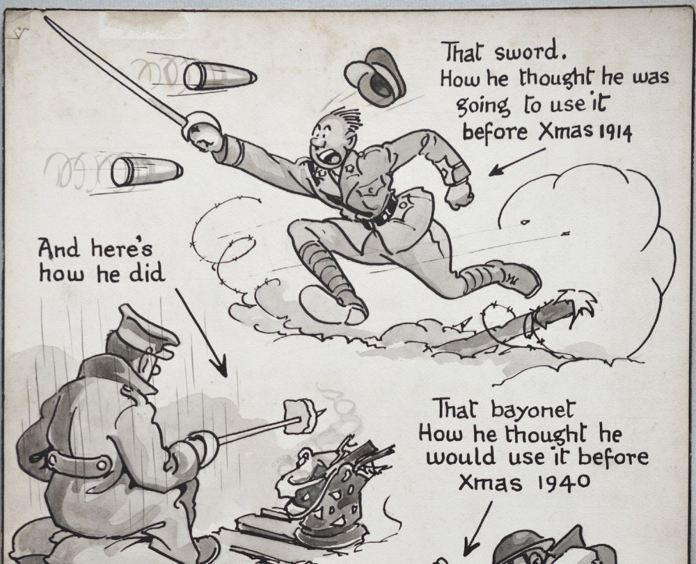 An original pen, ink, and wash cartoon drawing by Bruce Bairnsfather featuring military figures in satirical comic panels with handwritten captions. View II