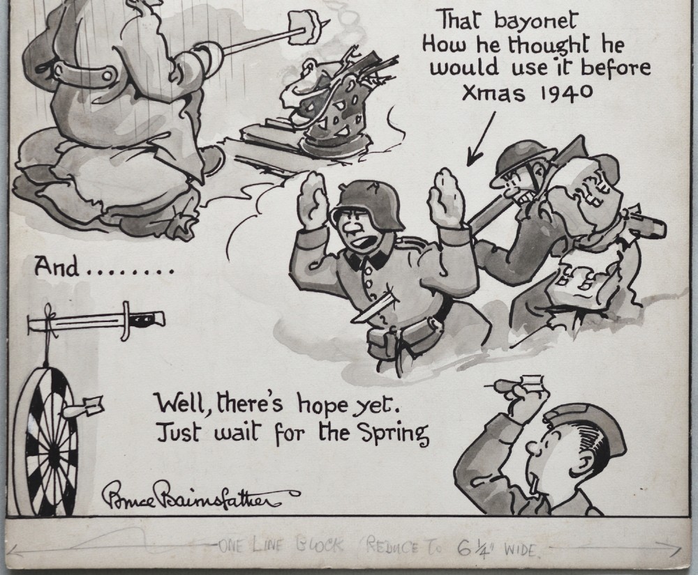 An original pen, ink, and wash cartoon drawing by Bruce Bairnsfather featuring military figures in satirical comic panels with handwritten captions. View III