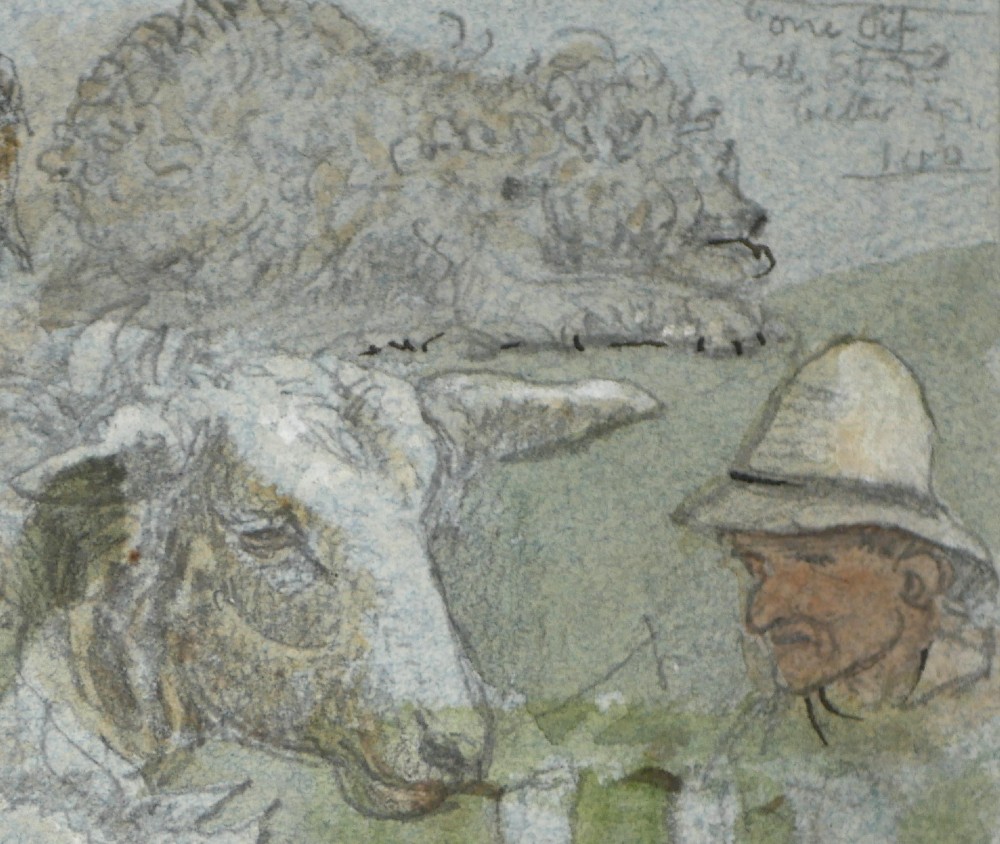 A 19th-century watercolour and graphite study sheet depicting detailed sketches of sheep, dogs, and a farm worker, inscribed with Aylesbury. View IV