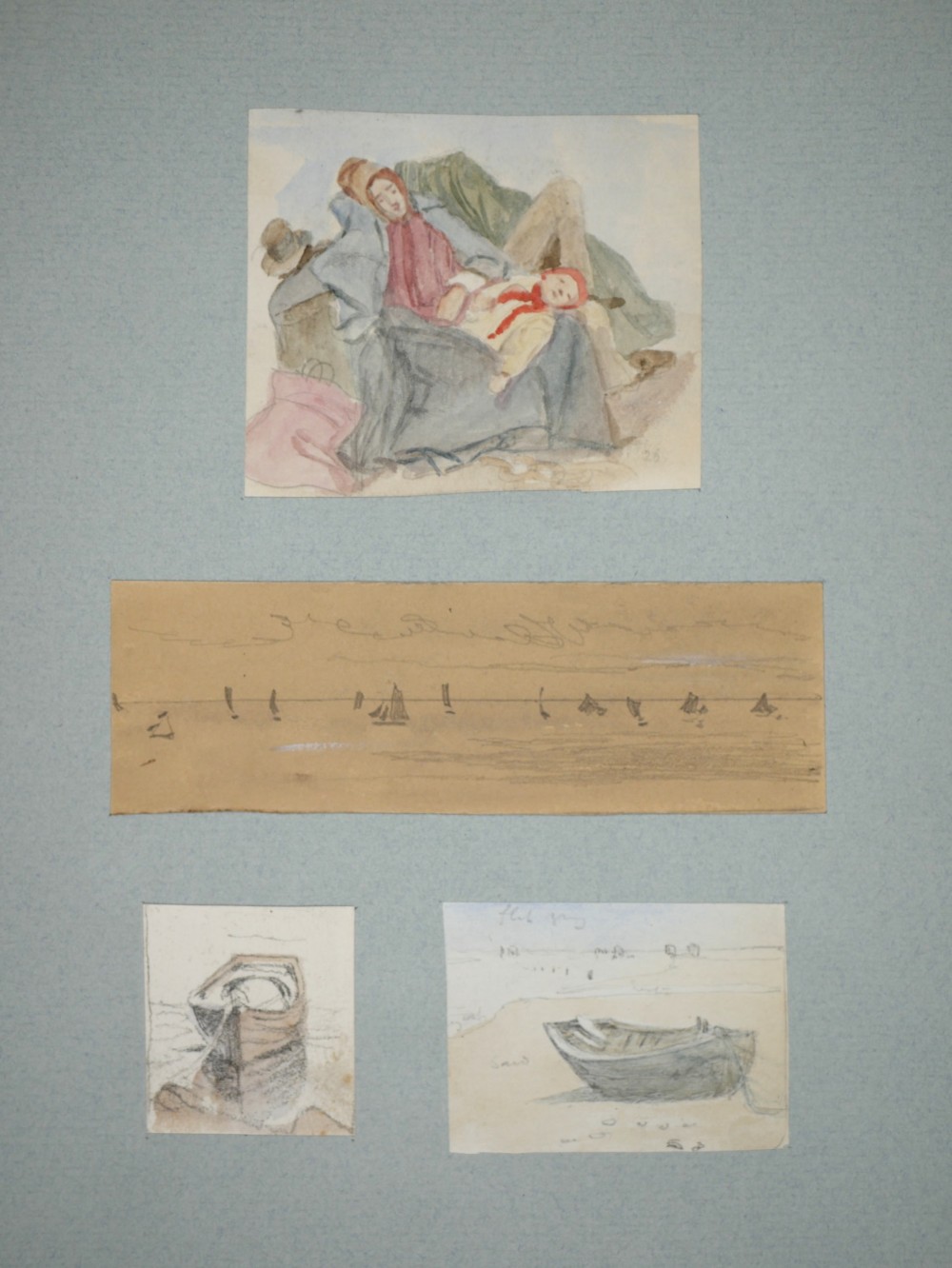 A collection of four 19th-century pencil and watercolour marine sketches by James Smetham mounted on a light blue paper backing.