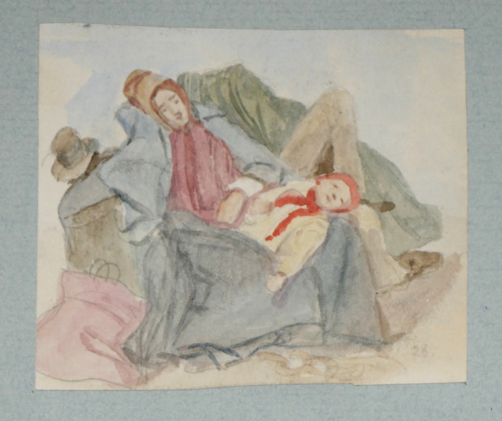 A collection of four 19th-century pencil and watercolour marine sketches by James Smetham mounted on a light blue paper backing. View II