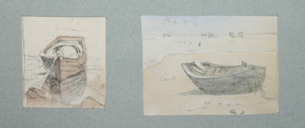 A collection of four 19th-century pencil and watercolour marine sketches by James Smetham mounted on a light blue paper backing. View IV