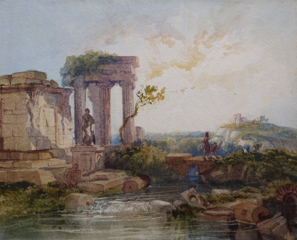 A 19th-century watercolour painting depicting classical stone ruins and figures alongside a stream under a soft sky.