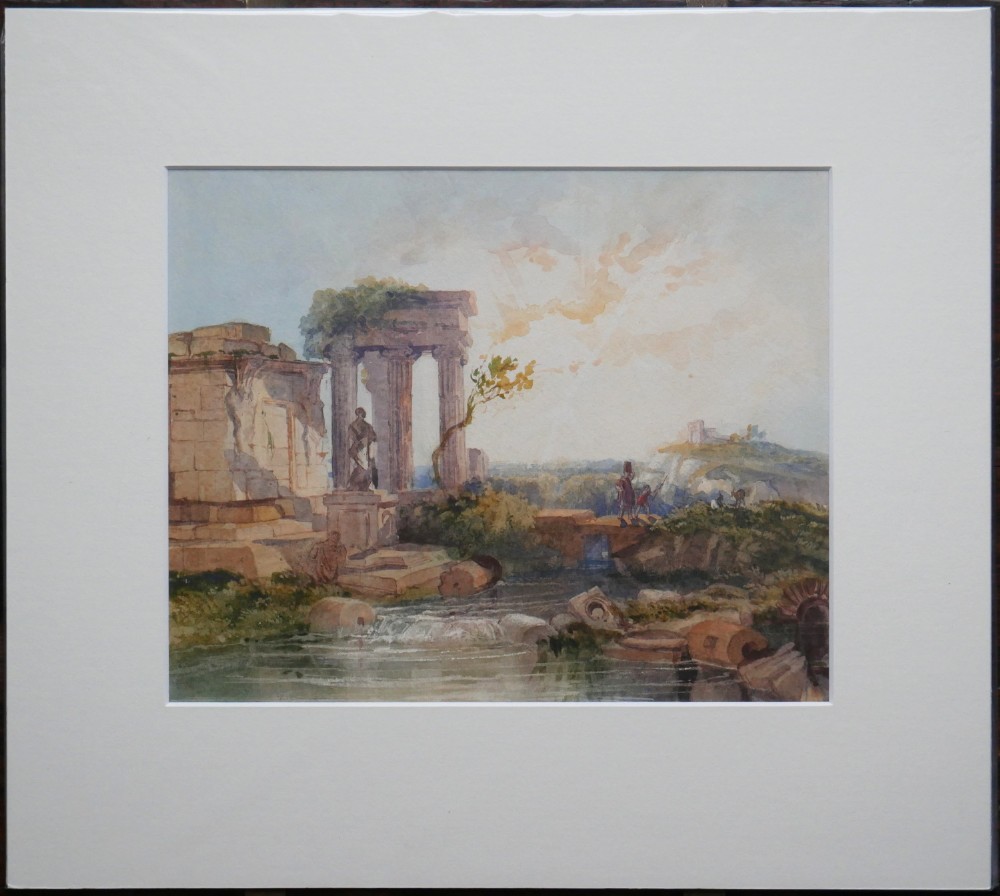A 19th-century watercolour painting depicting classical stone ruins and figures alongside a stream under a soft sky. View II