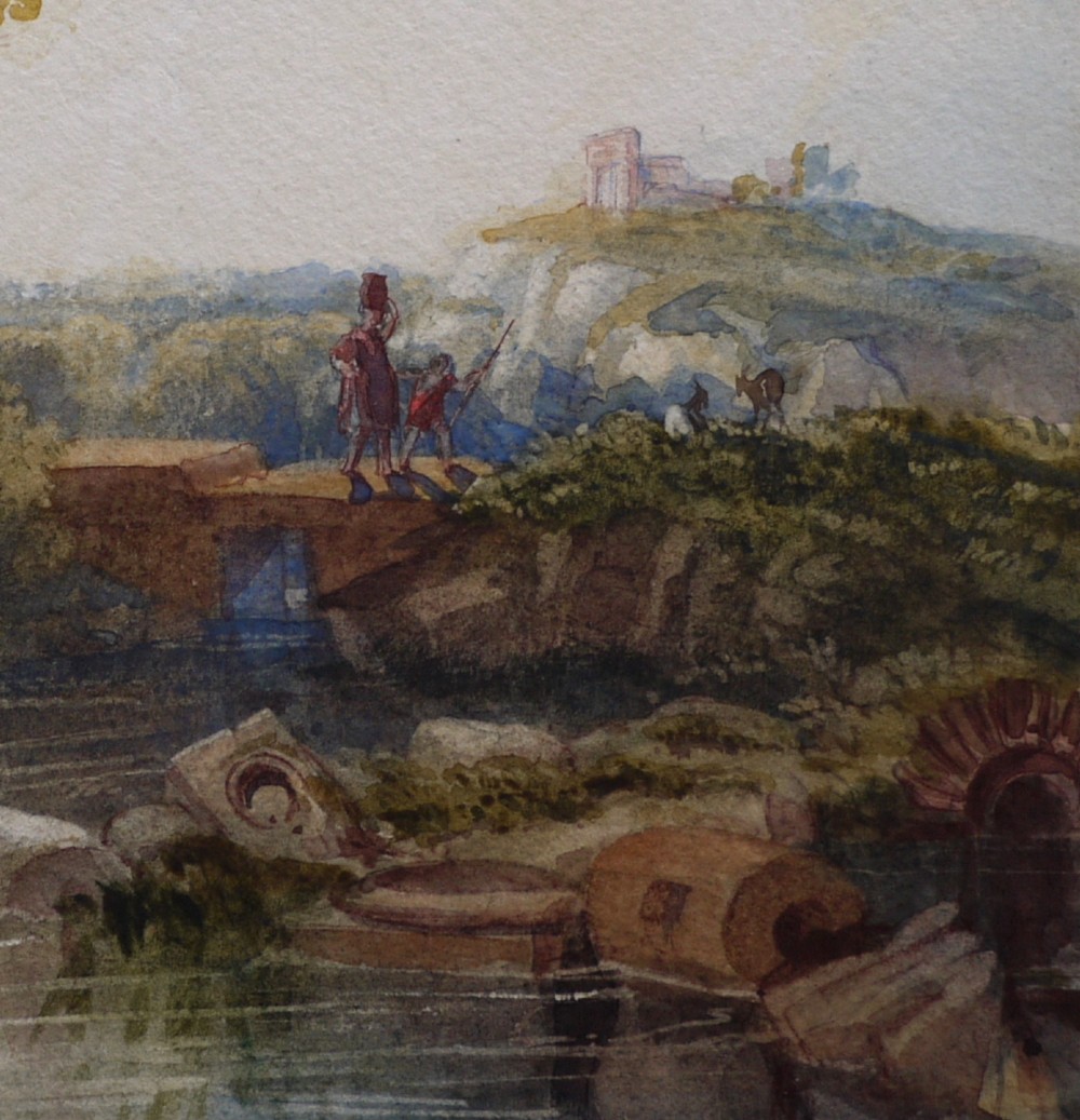 A 19th-century watercolour painting depicting classical stone ruins and figures alongside a stream under a soft sky. View IV