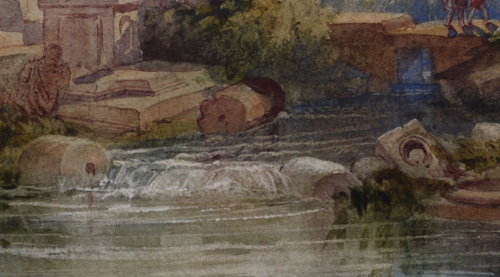 A 19th-century watercolour painting depicting classical stone ruins and figures alongside a stream under a soft sky. View V