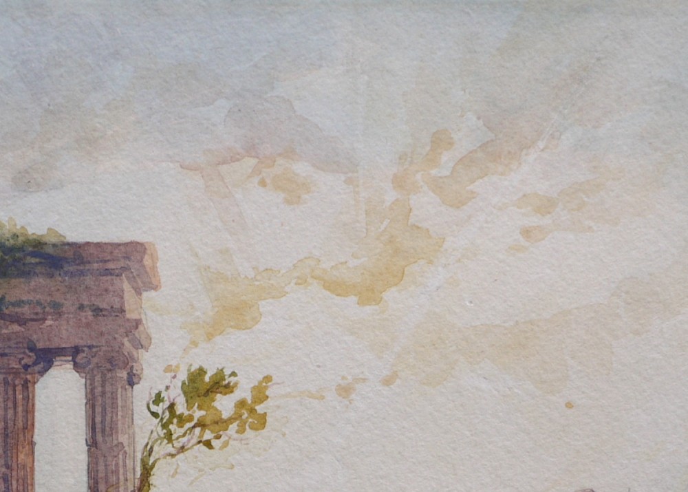 A 19th-century watercolour painting depicting classical stone ruins and figures alongside a stream under a soft sky. View VI