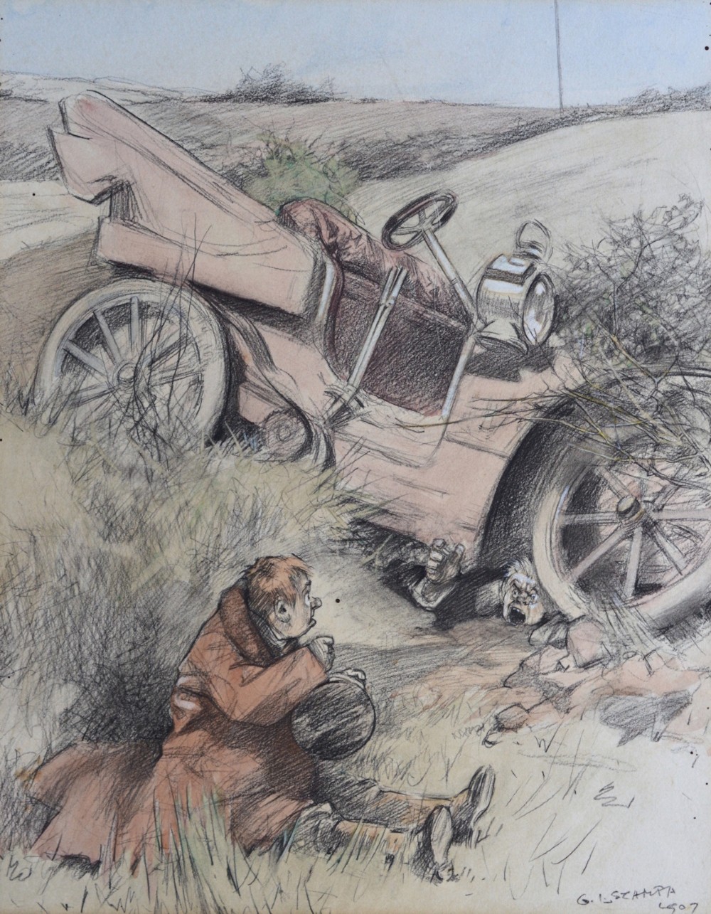 An Edwardian watercolour and pencil illustration by George Lorain Stampa depicting two men beside an overturned early motor car in a grassy ditch, signed and dated 1907.