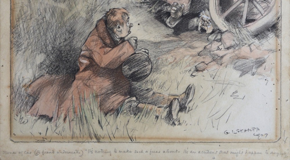 An Edwardian watercolour and pencil illustration by George Lorain Stampa depicting two men beside an overturned early motor car in a grassy ditch, signed and dated 1907. View III