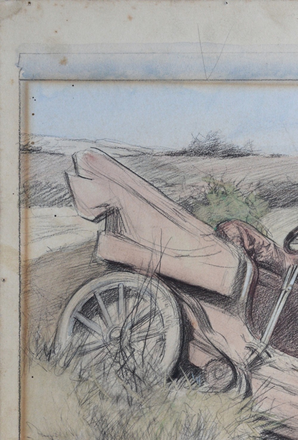 An Edwardian watercolour and pencil illustration by George Lorain Stampa depicting two men beside an overturned early motor car in a grassy ditch, signed and dated 1907. View IV