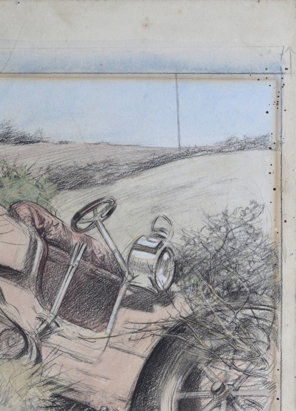 An Edwardian watercolour and pencil illustration by George Lorain Stampa depicting two men beside an overturned early motor car in a grassy ditch, signed and dated 1907. View V