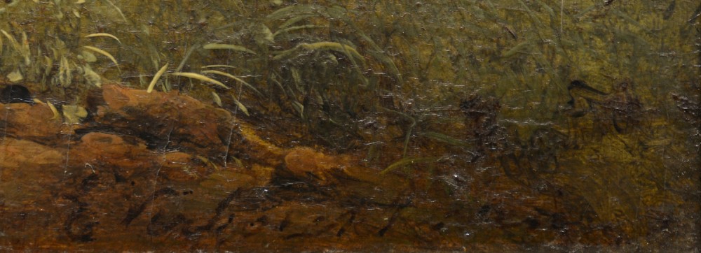 An antique oil painting depicting sheep and a goat in a green pastoral landscape surrounded by an ornate gold giltwood frame. View VII